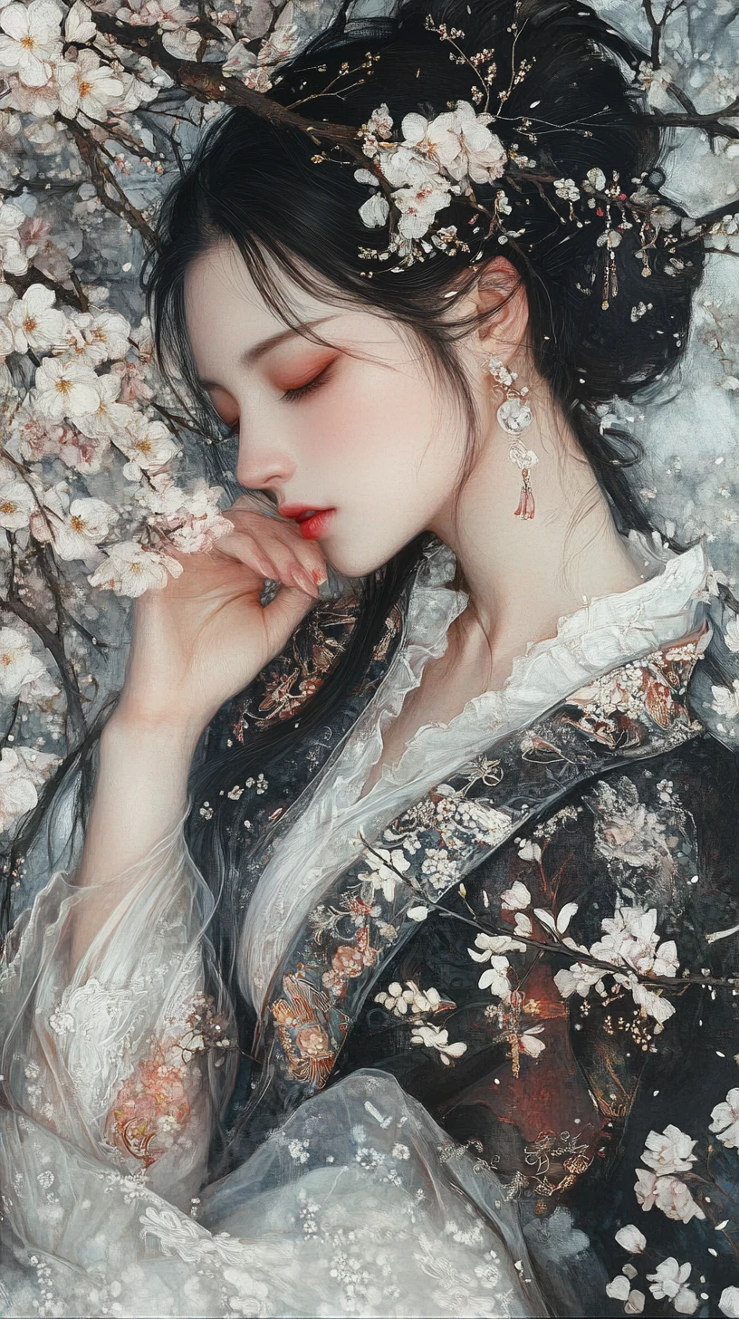 Mujer con hanfu de seda junto a un melocotonero en flor