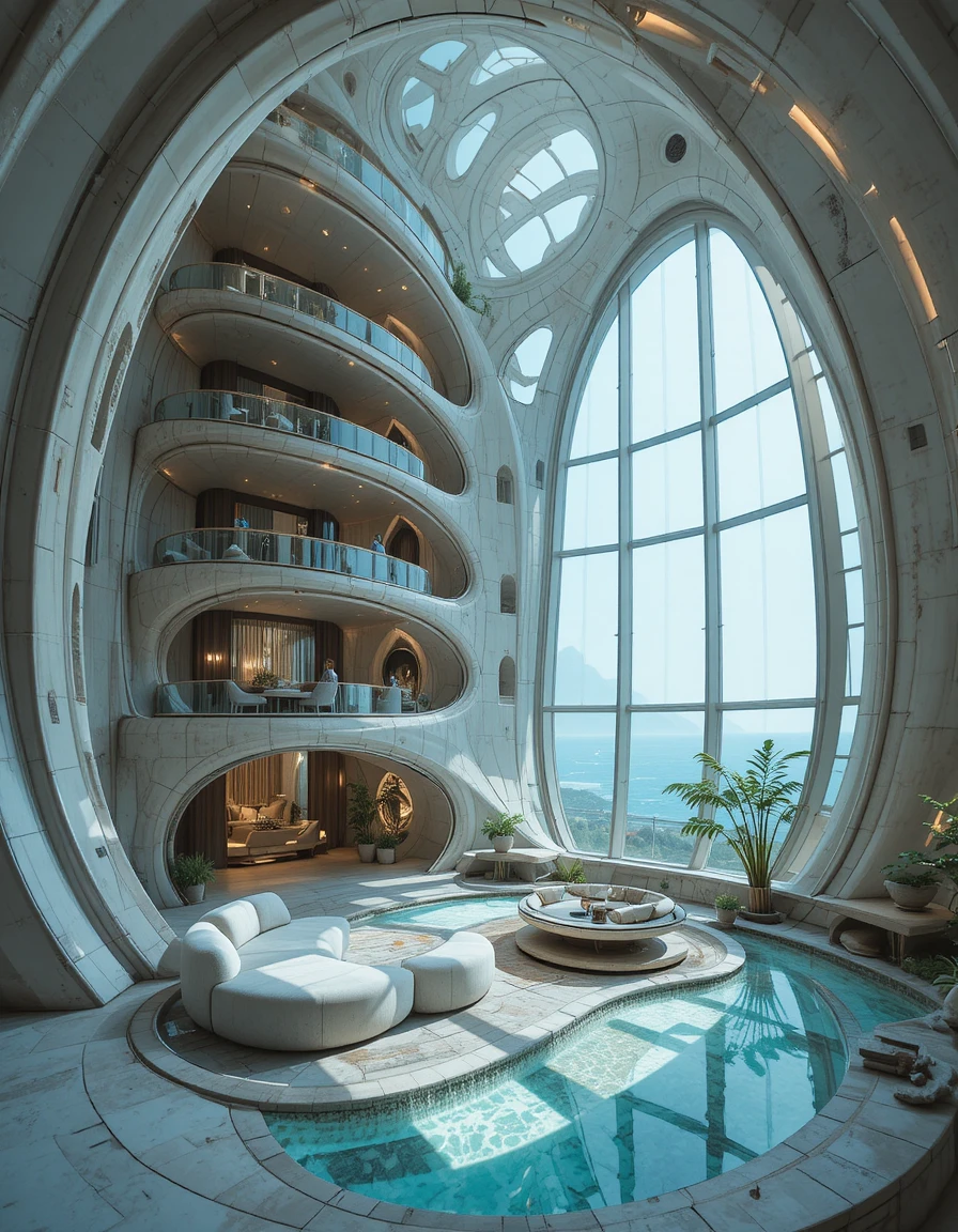 Futuristisches Luxus-Penthouse-Interieur mit spiralförmigen Muschelformen
