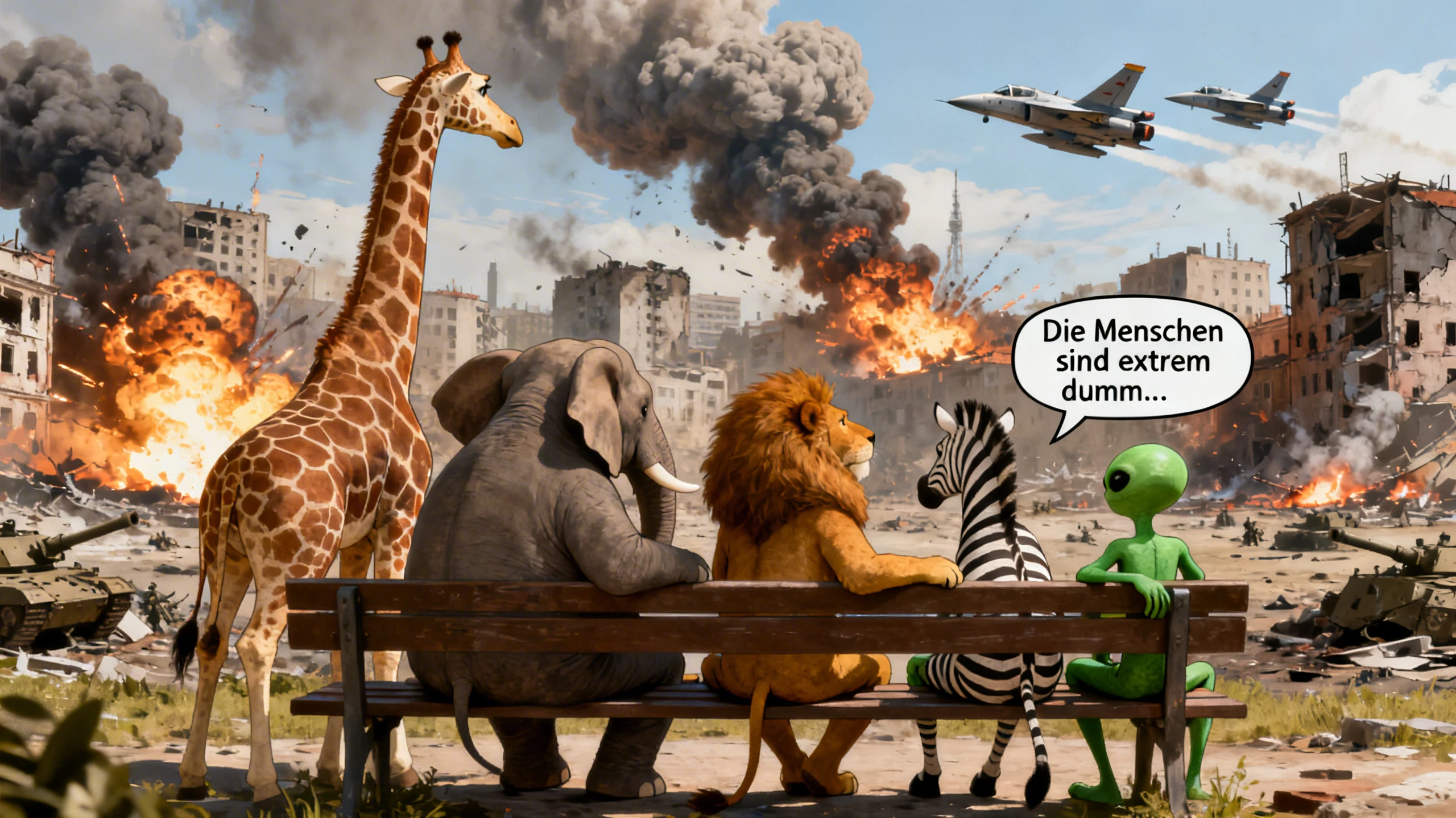 Safari-Tiere und Aliens beobachten Explosionen über einer zerstörten Stadt