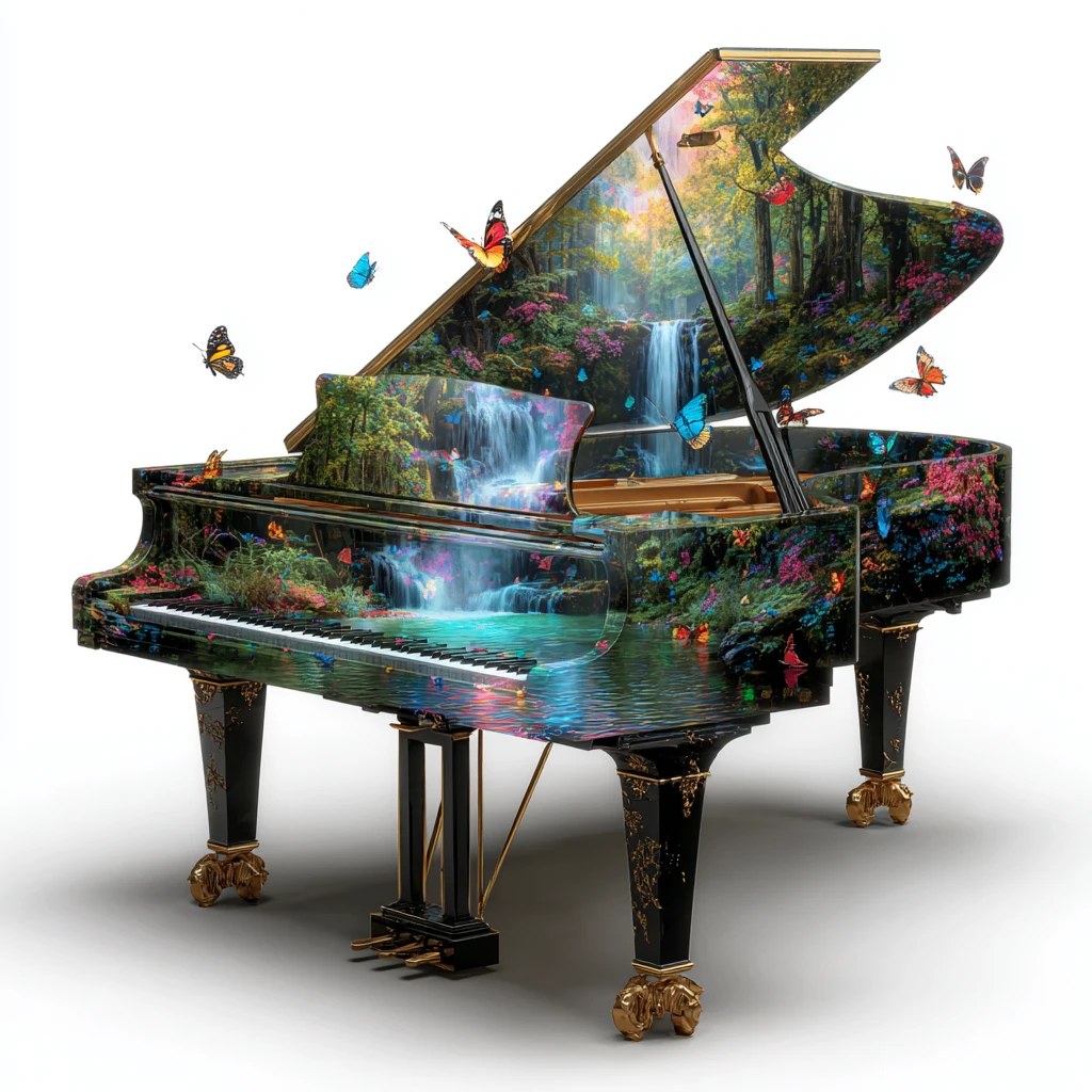 Gloss black grand piano on a small tropical island