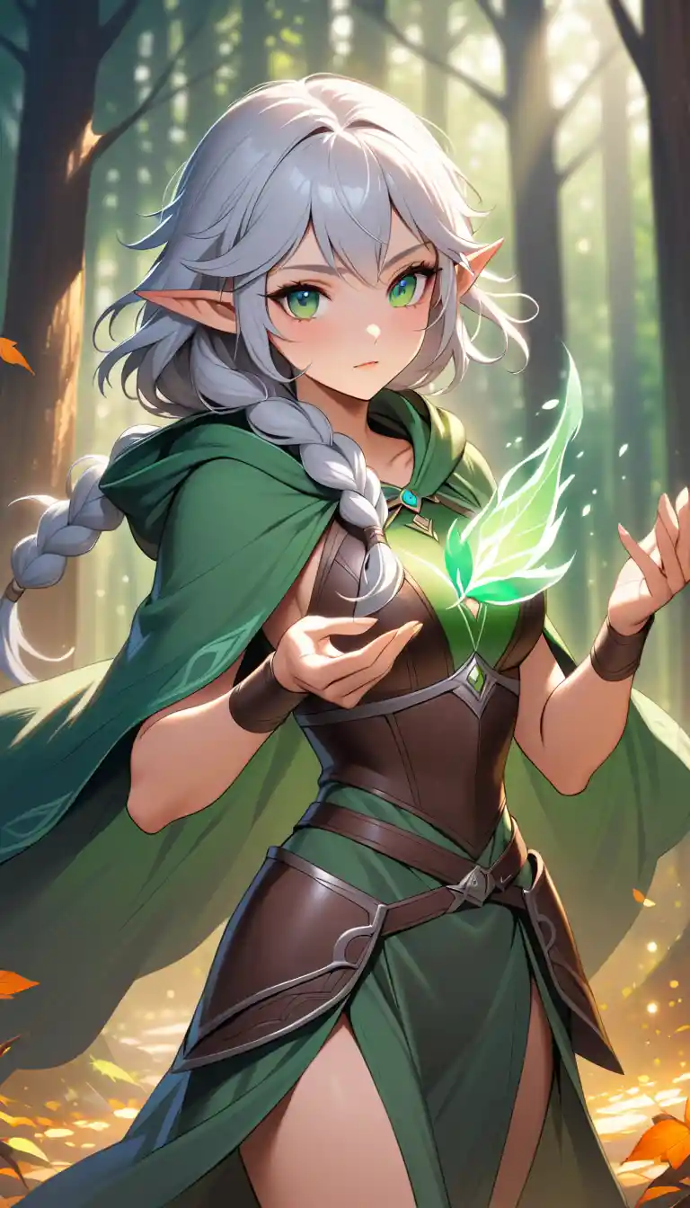 Hechicera élfica lanzando magia verde en un bosque brumoso