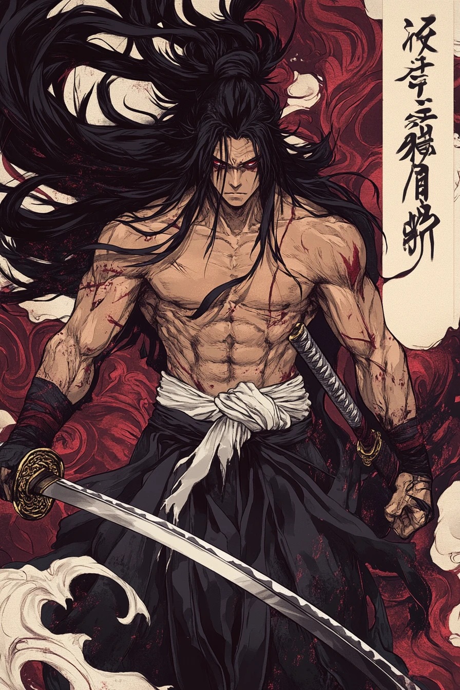 炎が渦巻く抽象背景のアニメ侍戦士のクローズアップ