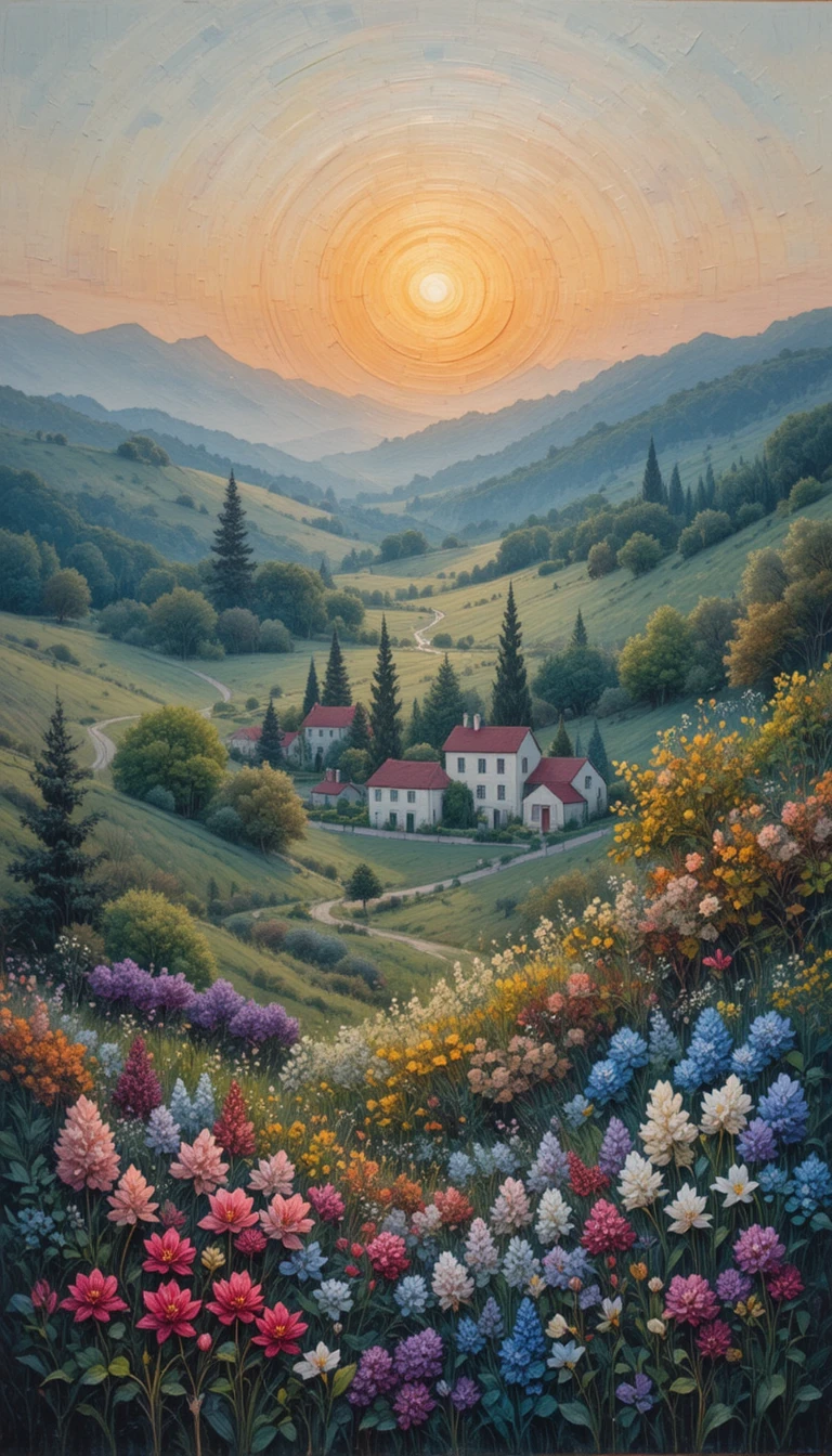 Aldeia primaveril enevoada ao pôr do sol em pintura a óleo impasto