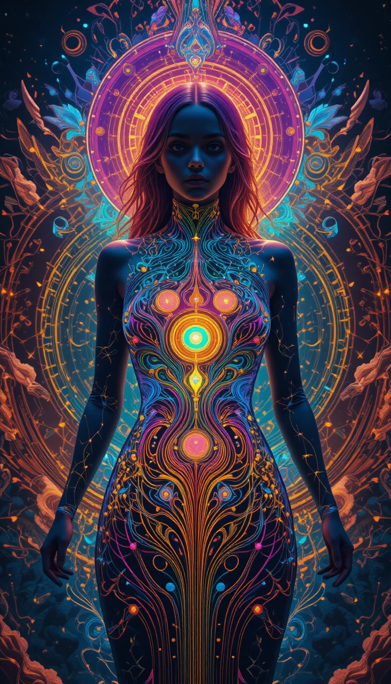 Diagrama colorido de centros de energia em Human Design com figura de menina