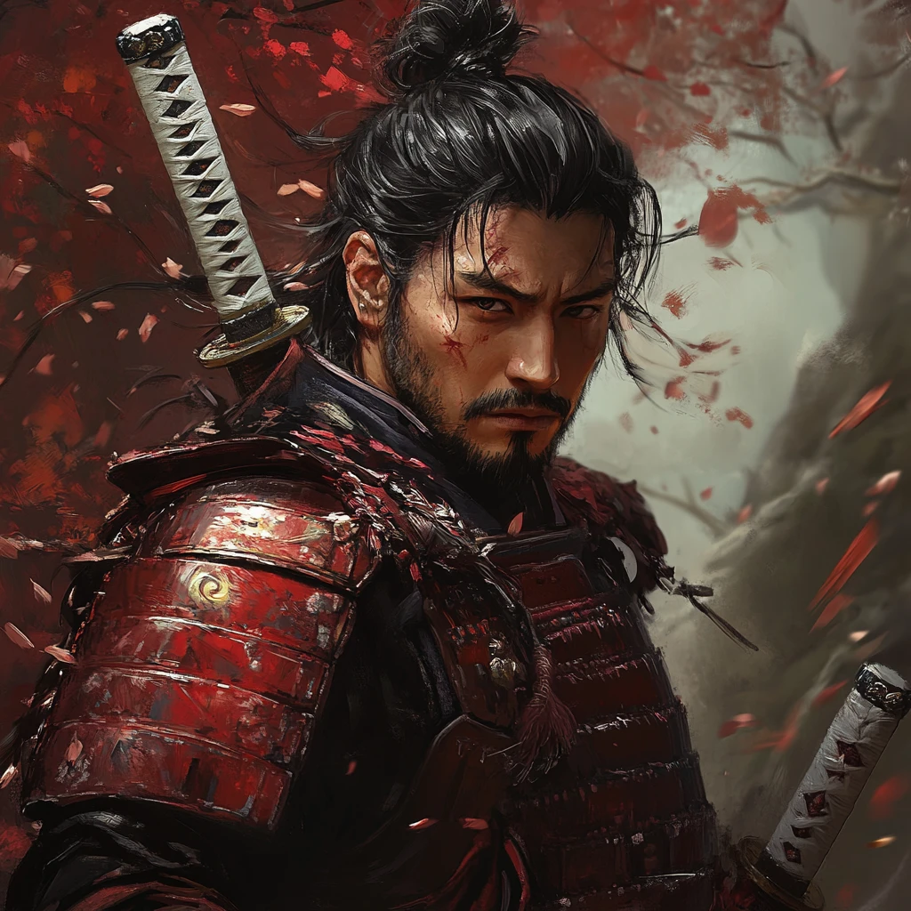 Guerriero samurai dark fantasy in armatura rossa con katana