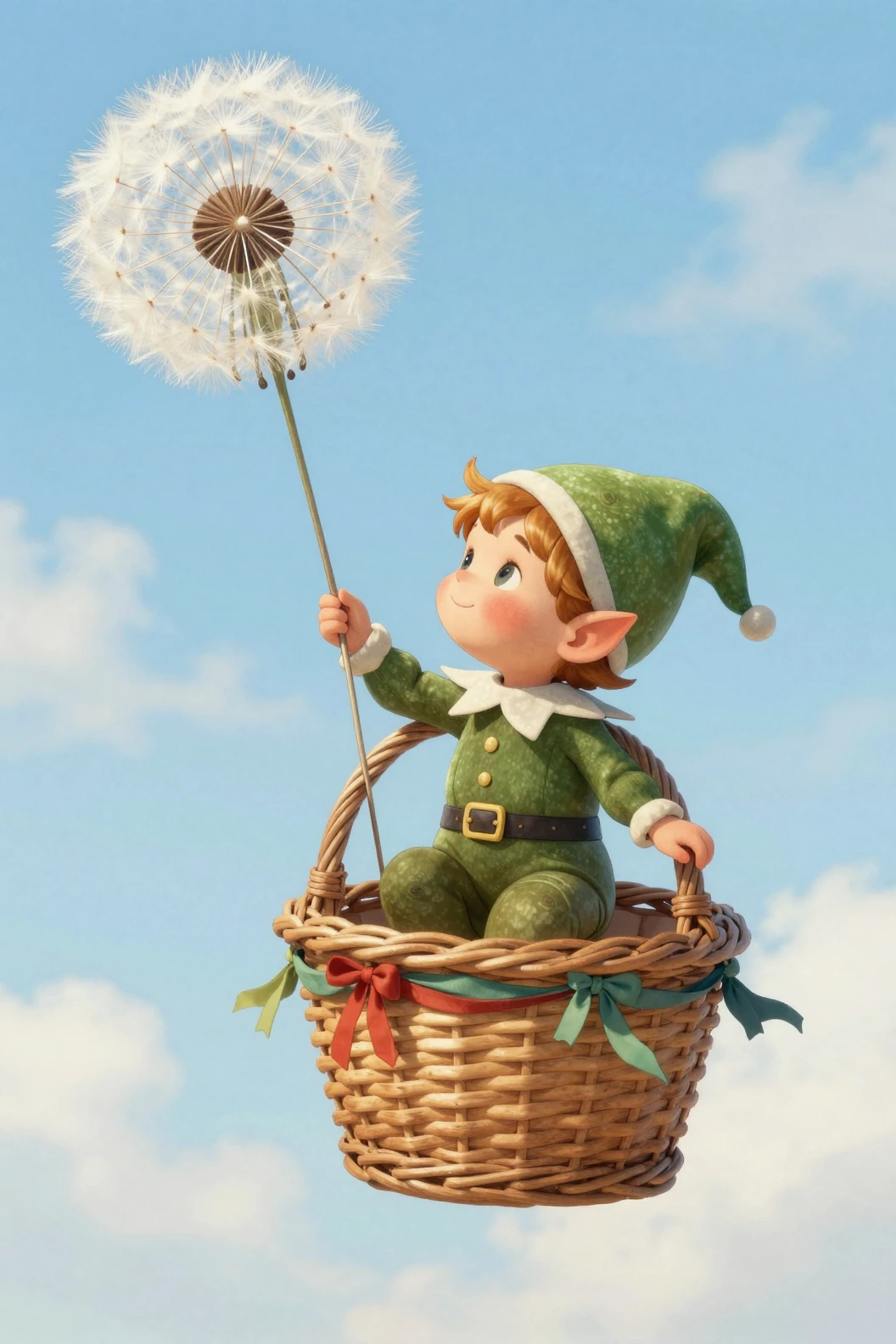 Bambino elfo che vola con un pallone di soffione in un cielo azzurro e soffice