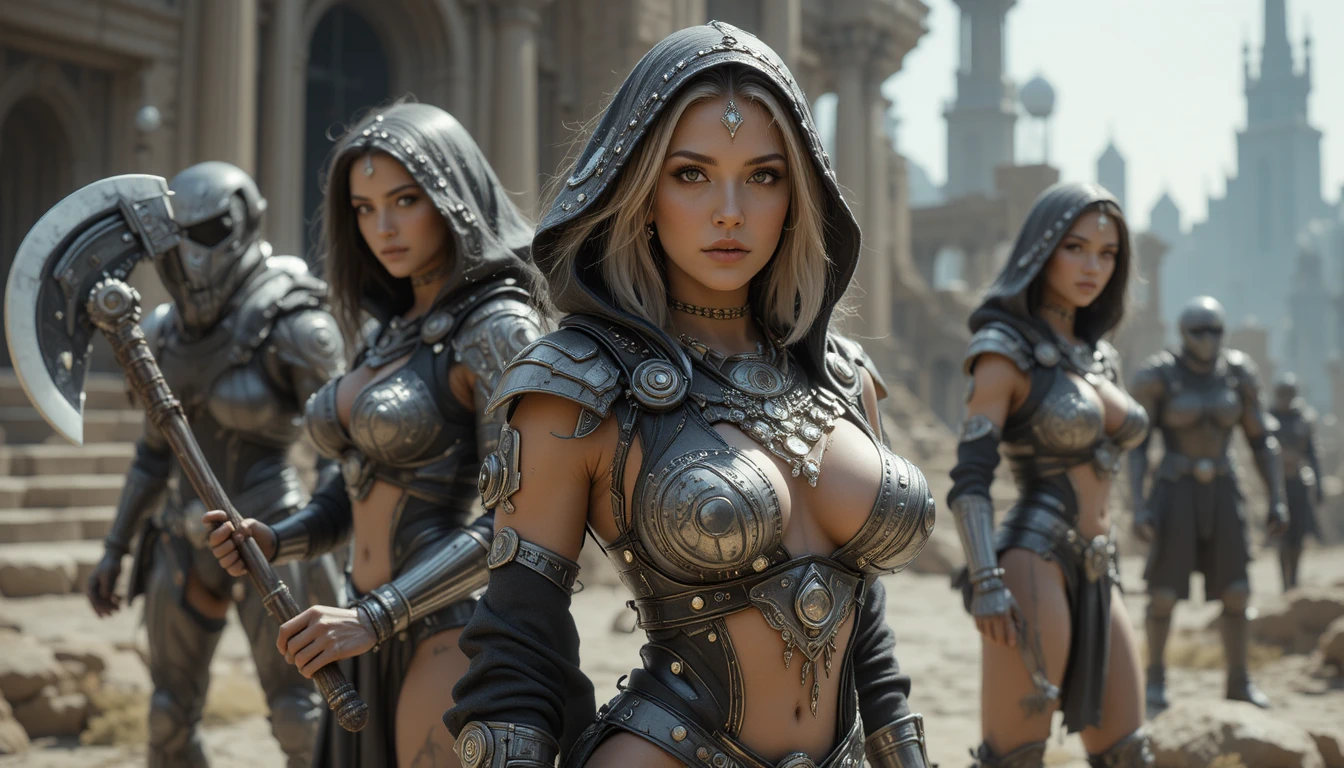 Bruja sci-fi acorazada liderando a dos guerreros fuera del palacio