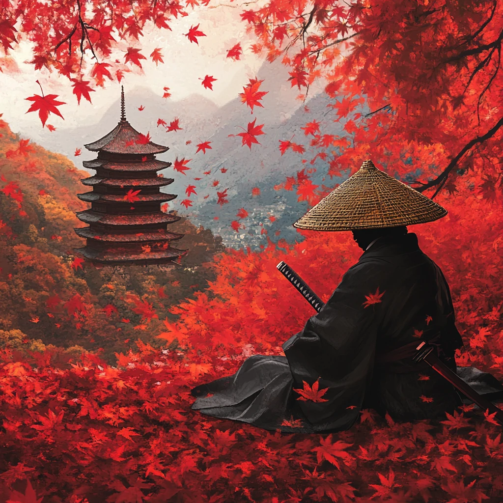 Samurai im schwarzen Kimono zwischen fallenden roten Ahornblättern