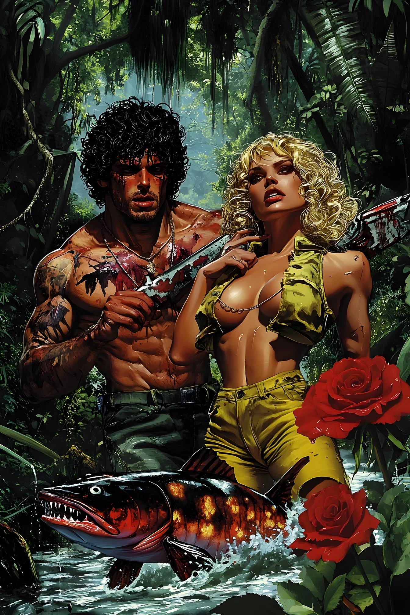 Hombre musculoso y mujer rubia en una tensa escena de río en la jungla