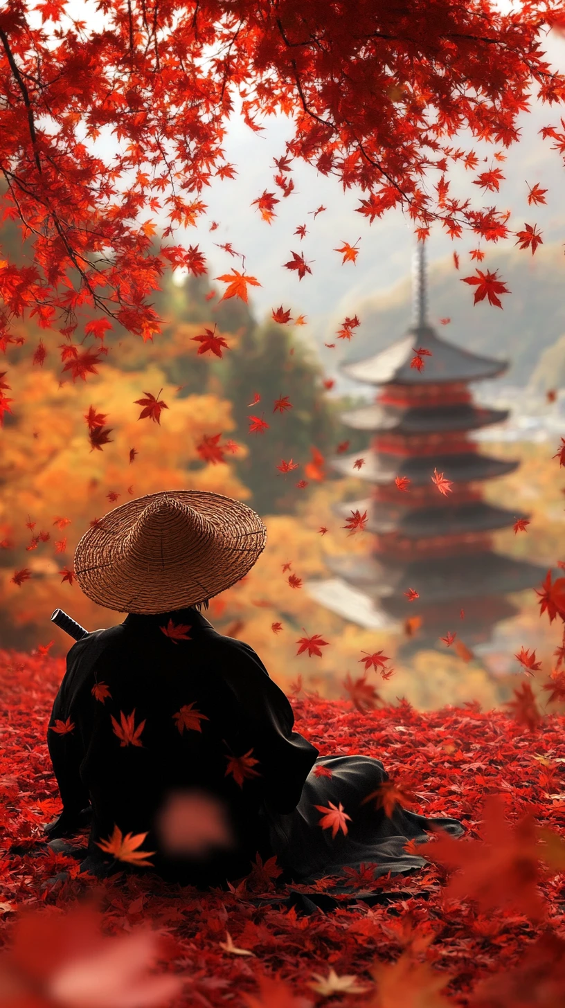 Samurai resting among red maple leaves in a temple garden