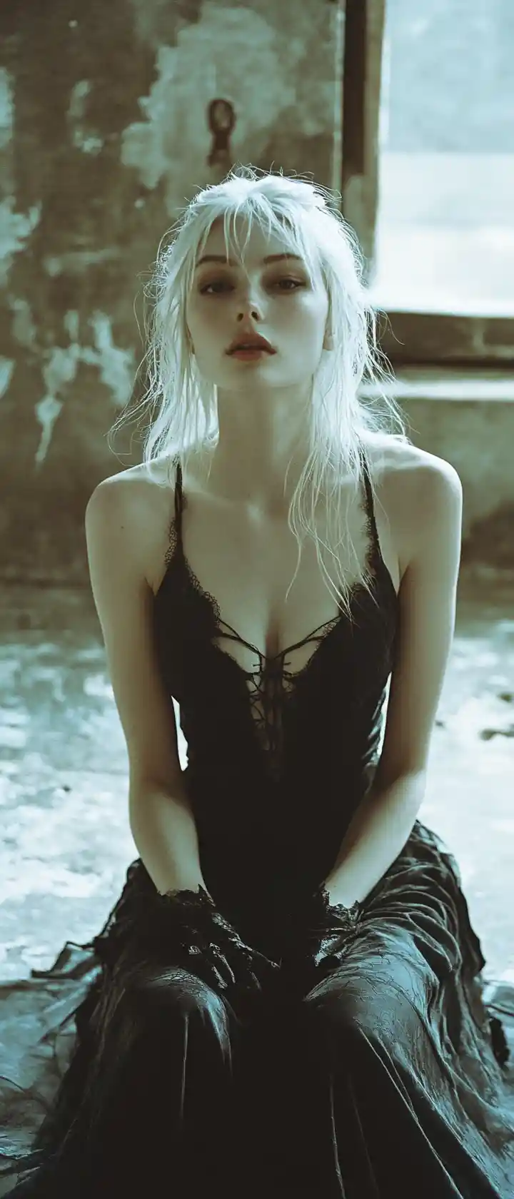 Young woman in black gothic dress on film portrait