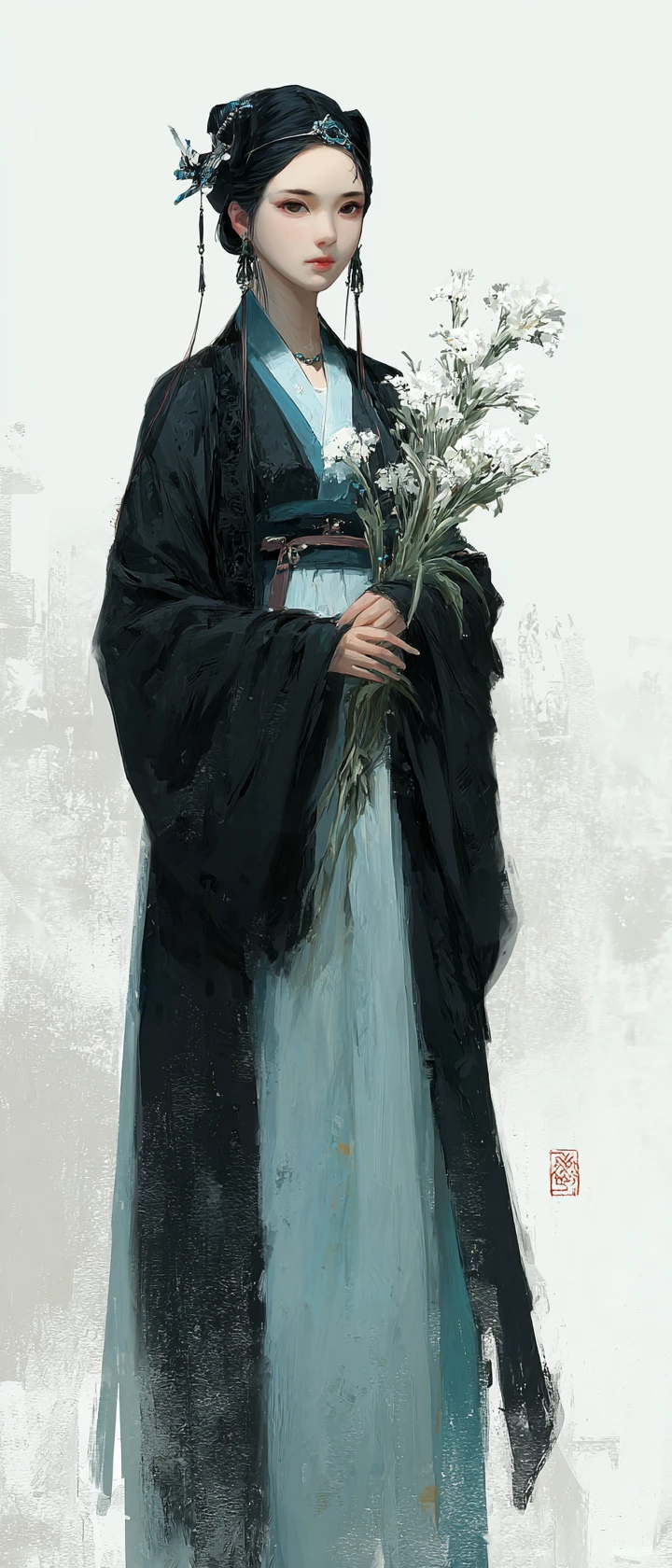 Eterea donna dell'Asia orientale in veste tradizionale nera