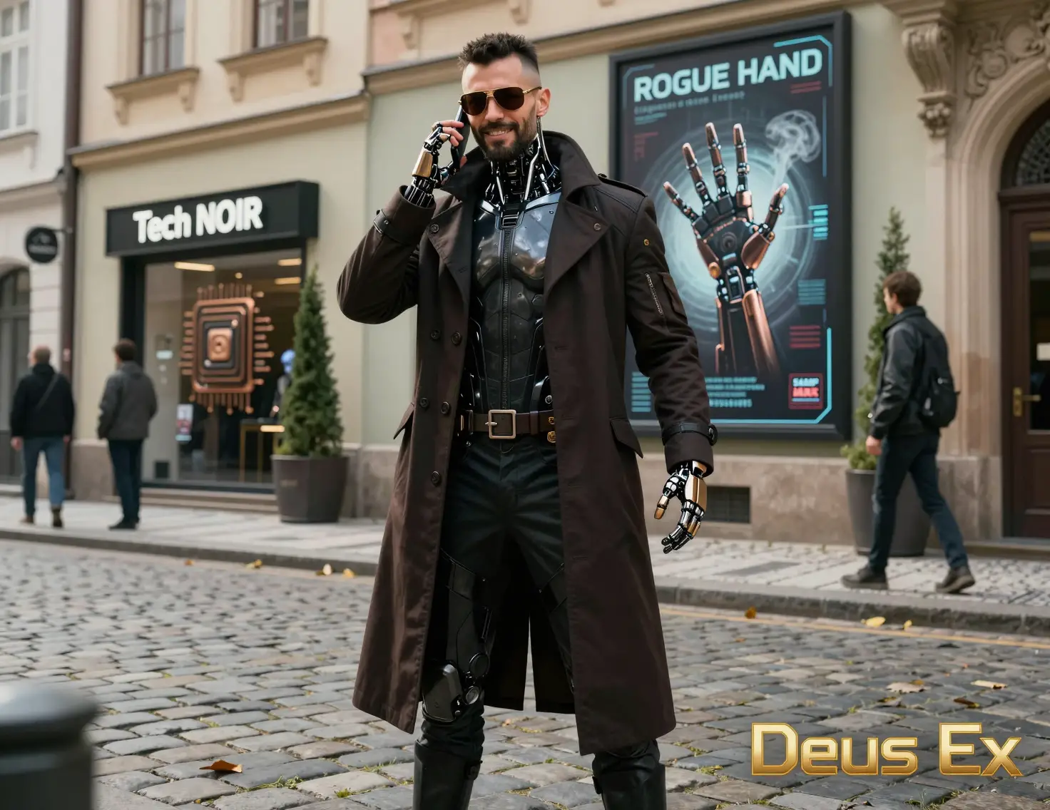 Cyborg-Detektiv posiert in einer futuristischen europäischen Straße