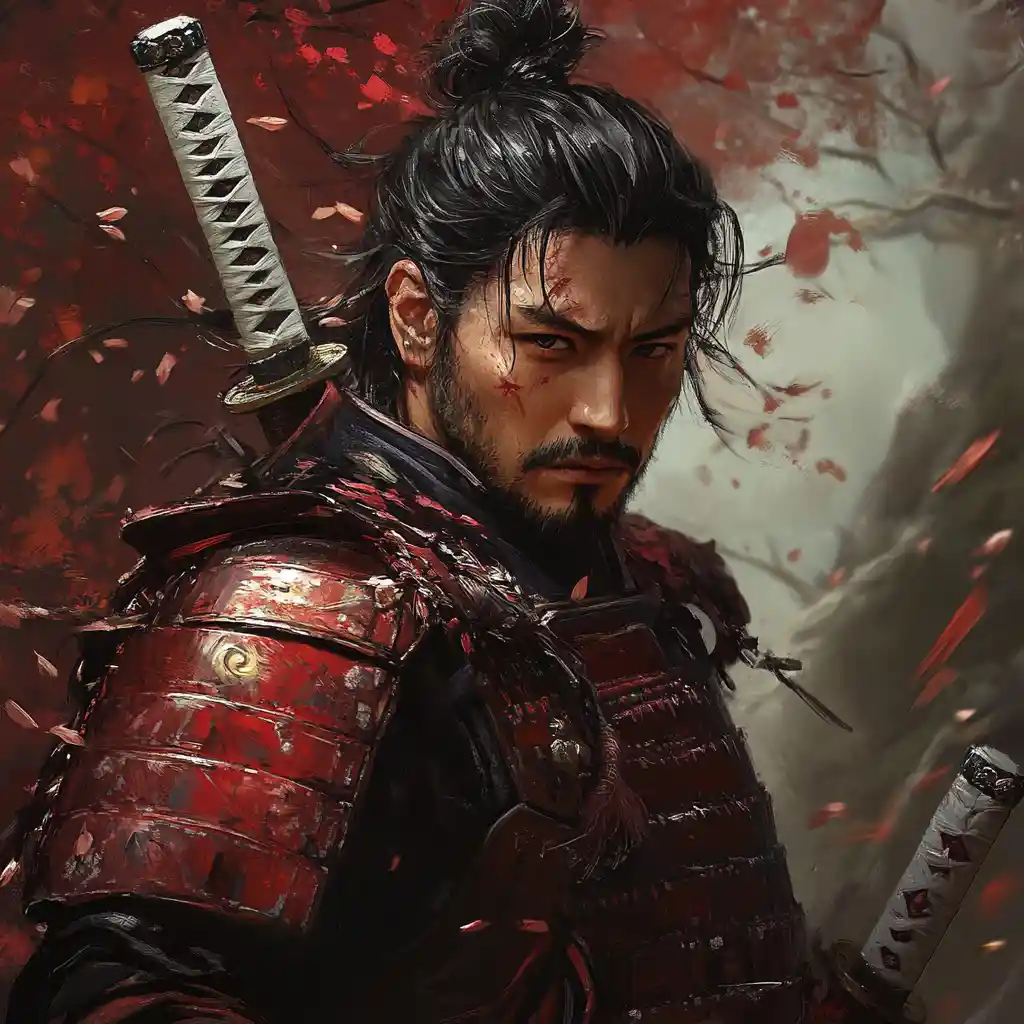 Dark fantasy samurai warrior in red armor with katana