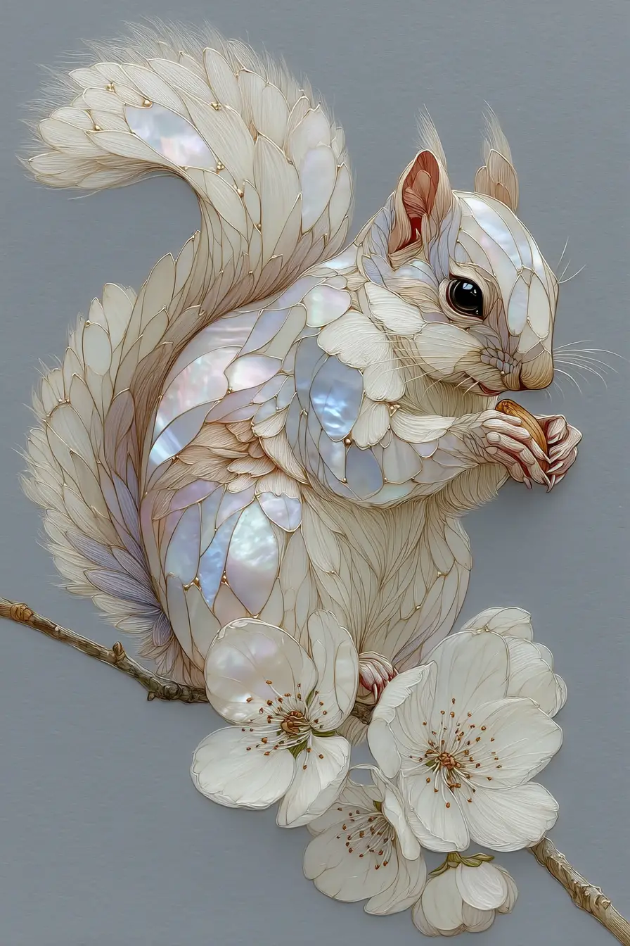 Delicate mixed media illustration of a squirrel on branch