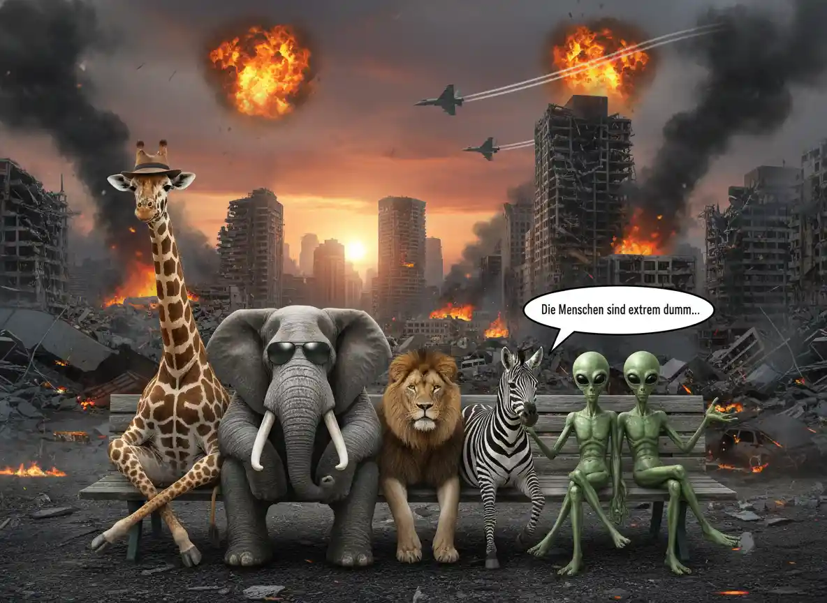 Aliens And Safari Animals Watching Exploding War Torn City