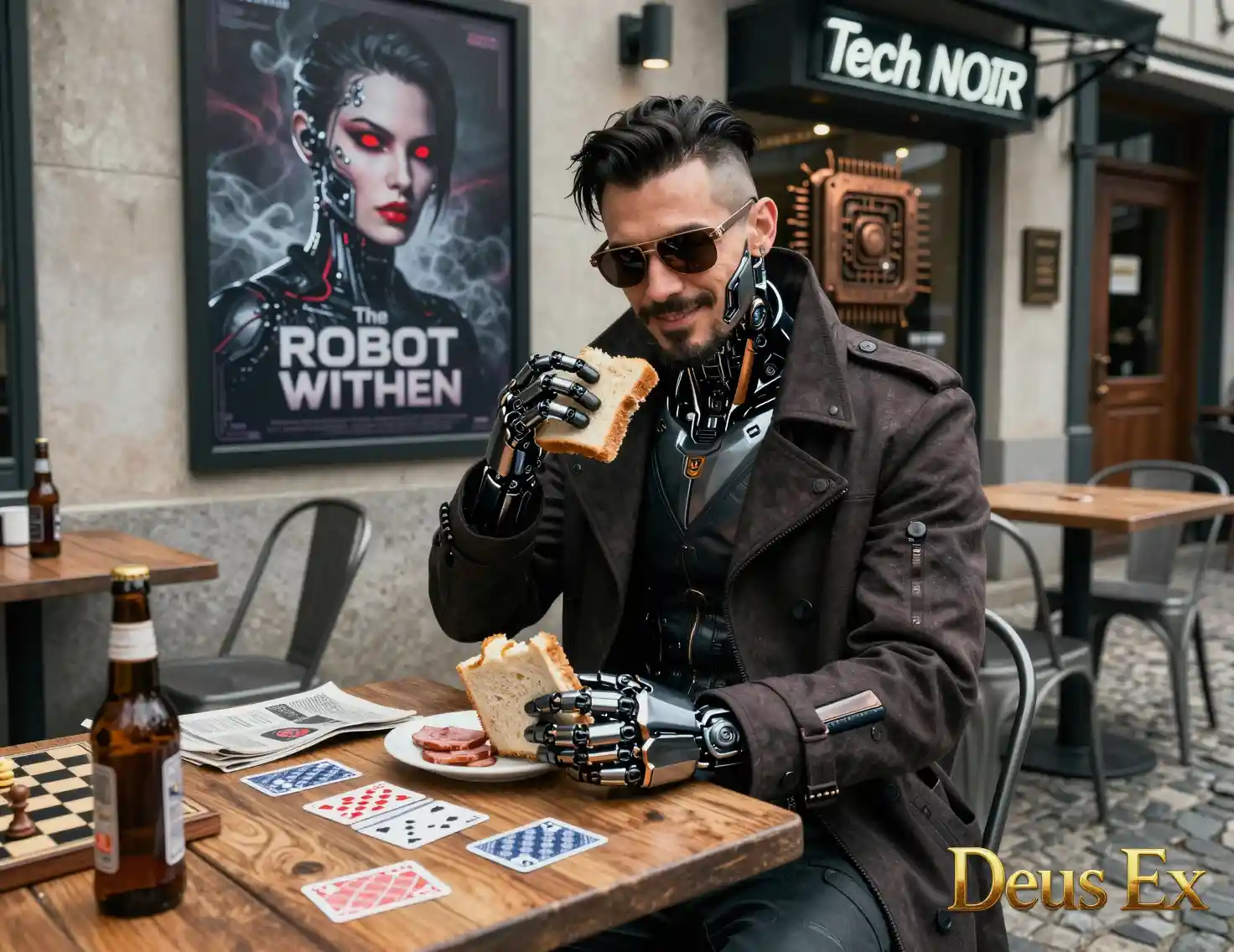 Cyberpunk-Detektiv isst in einem Straßencafé im Freien