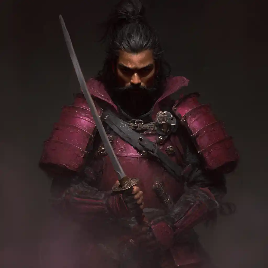 Samurai dark fantasy con capelli neri e katana mistica