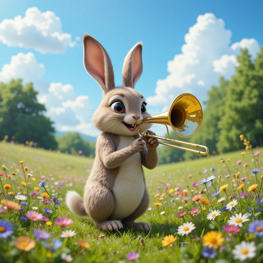 Cartoon rabbit playing trombone in a sunny flower meadow