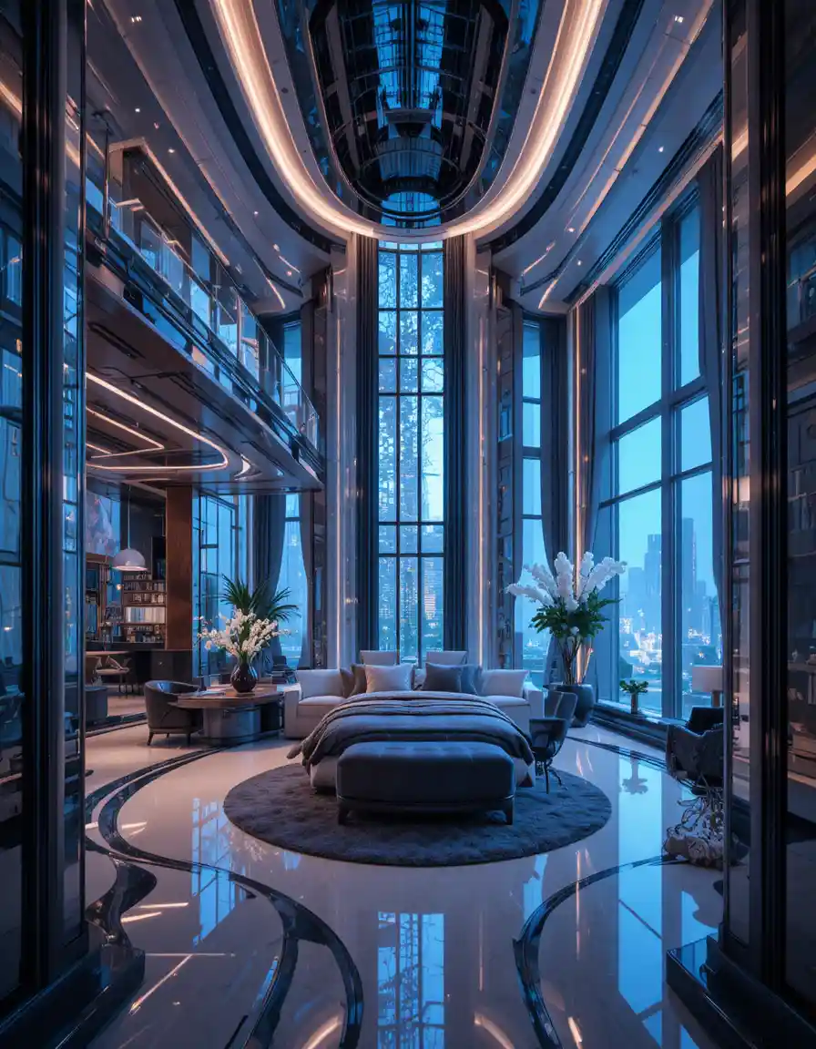 Futuristisches Cyberpunk-Luxus-Penthouse-Interieur mit markanter Architektur