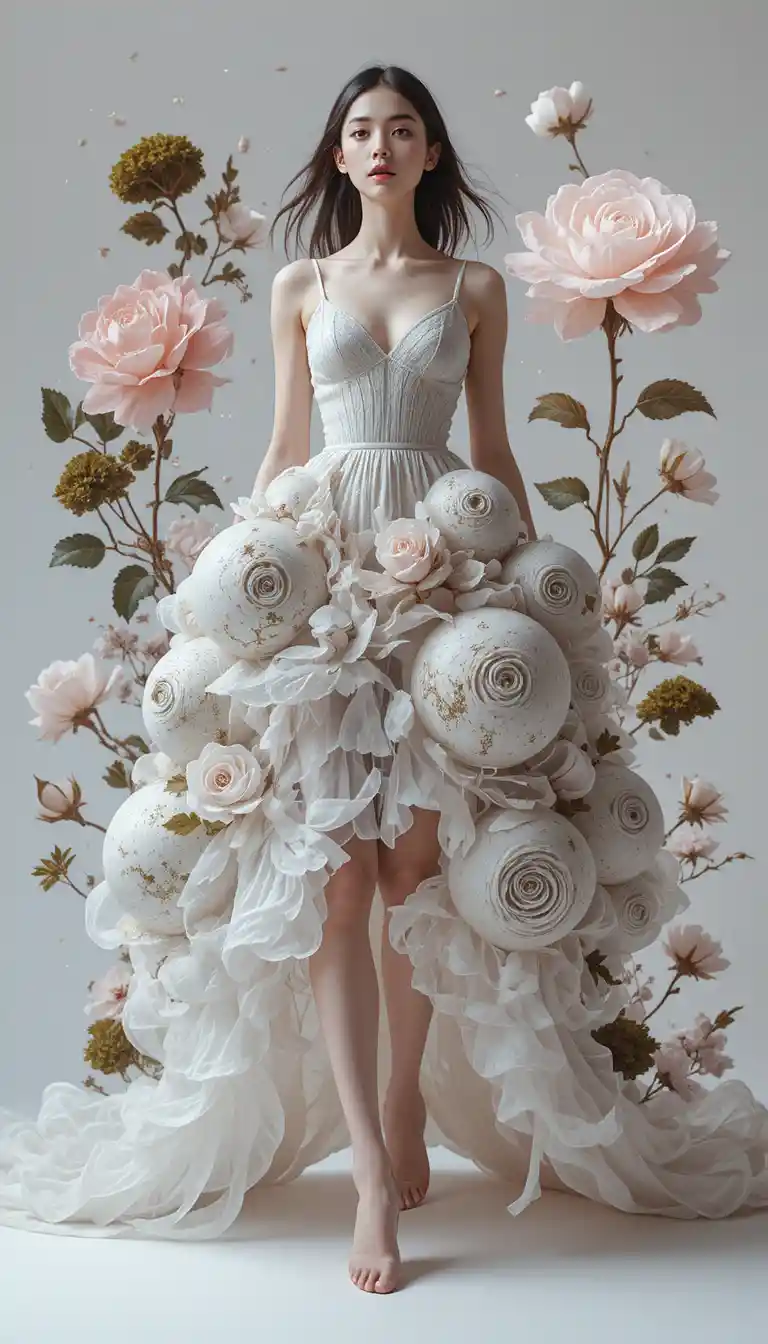 Young woman in avant garde limestone sphere dress