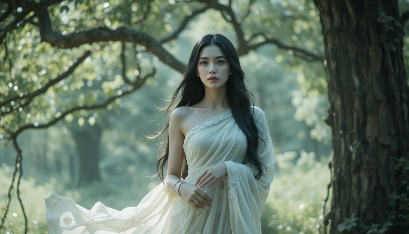 Ghostly woman in white saree under a shadowy tree