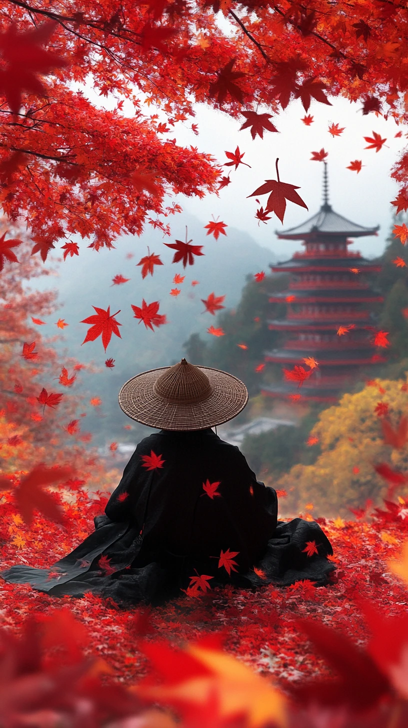 Samurai resting among red maple leaves by a distant pagoda