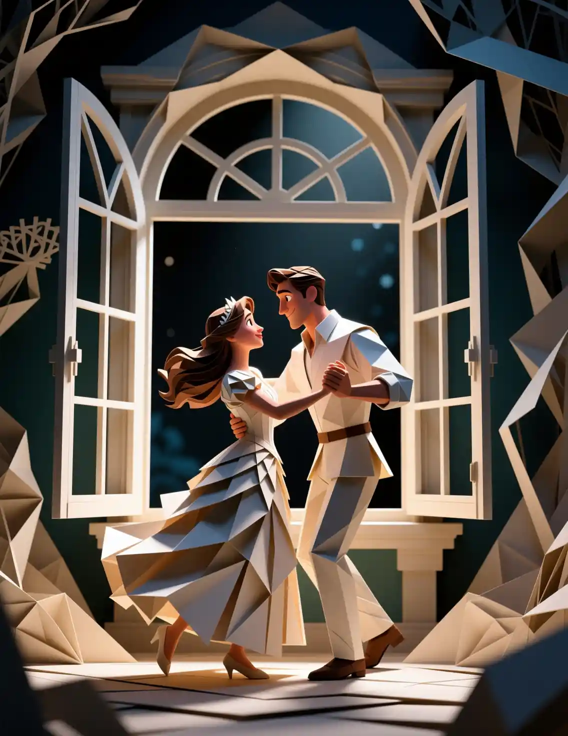 Pareja de origami bailando junto a una ventanal de ensueño