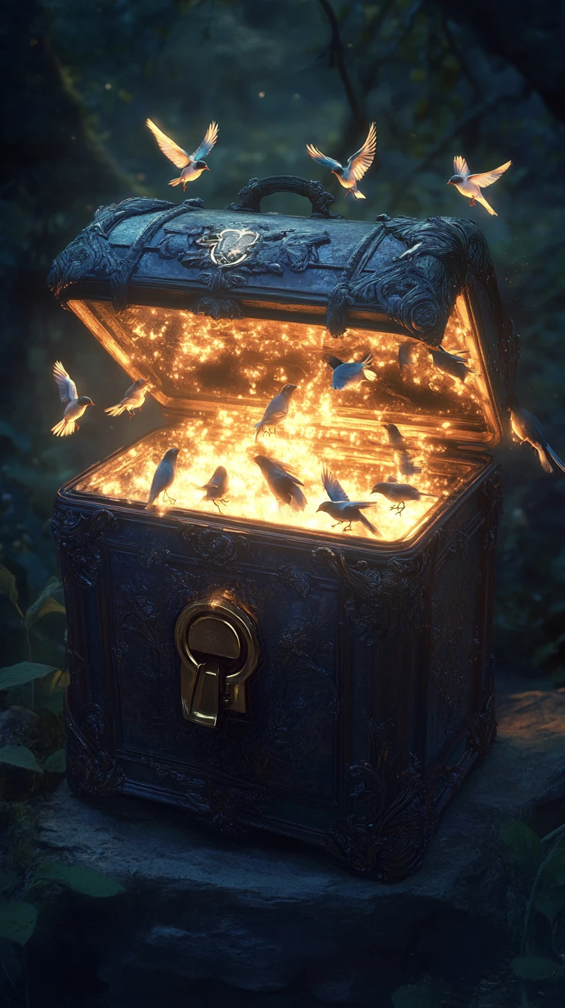 Translucent chest with glowing birds and a delicate heart lock