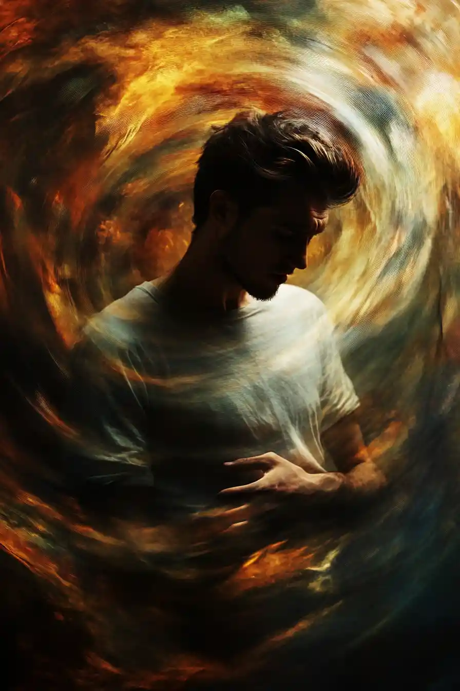 Man in a dynamic and moody abstract spiral scene
