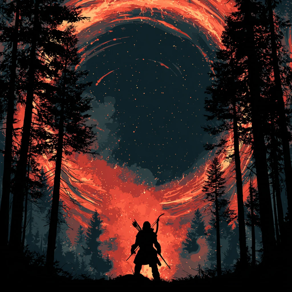 Armored archer before a blazing portal in dark forest