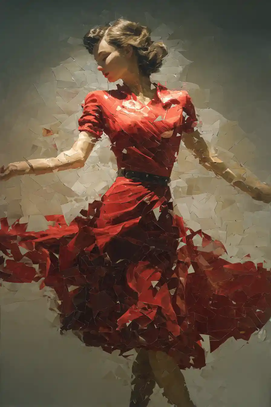 Woman in red dress dancing with surreal dissolving form