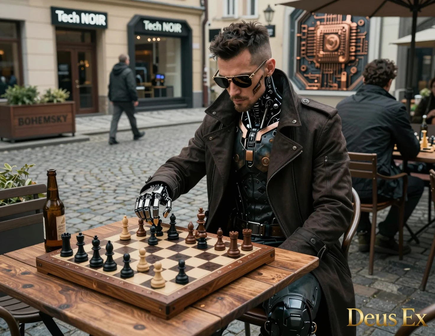 Augmented detective playing chess at a cyberpunk city cafe