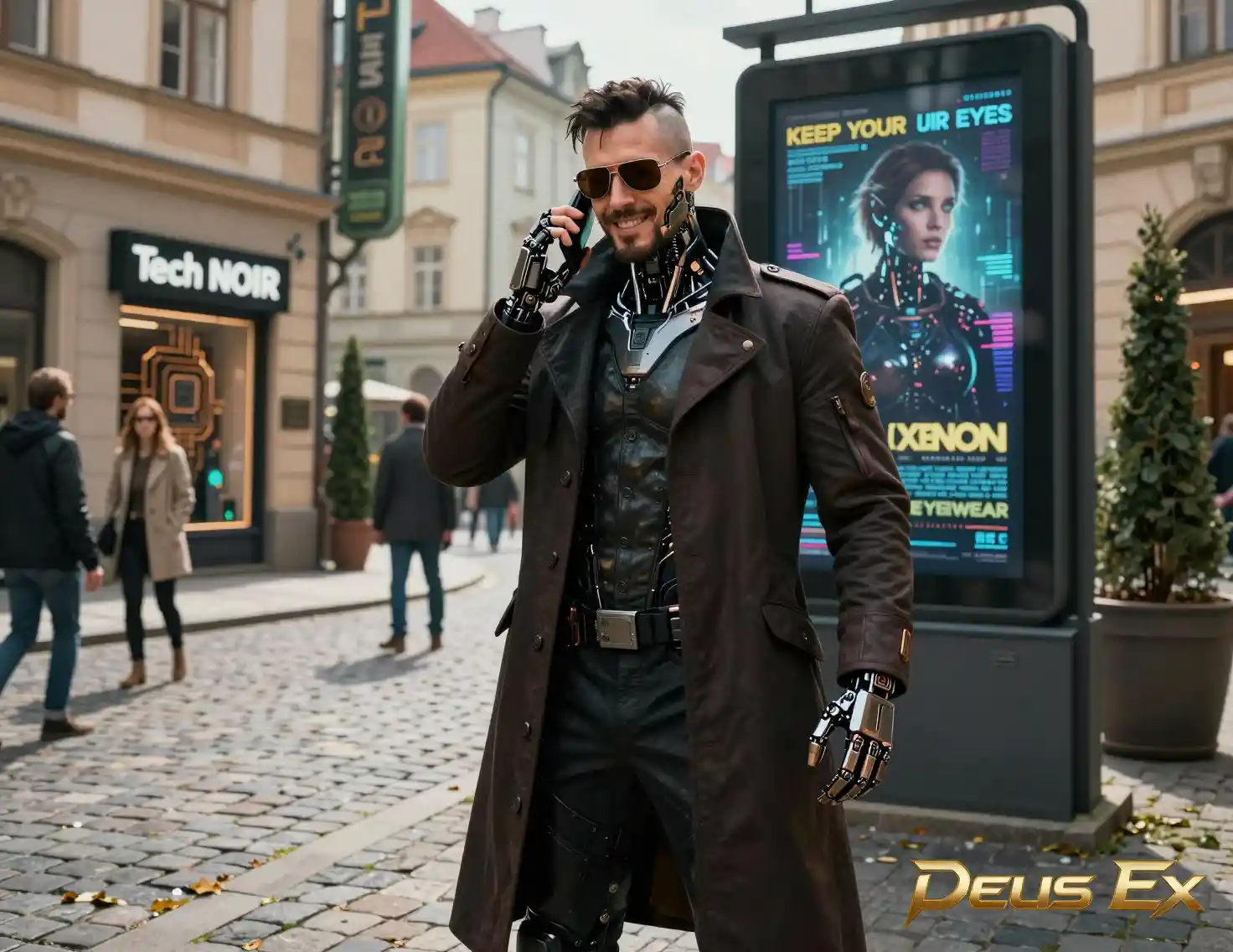 Cyberpunk detective posing on a futuristic Prague street
