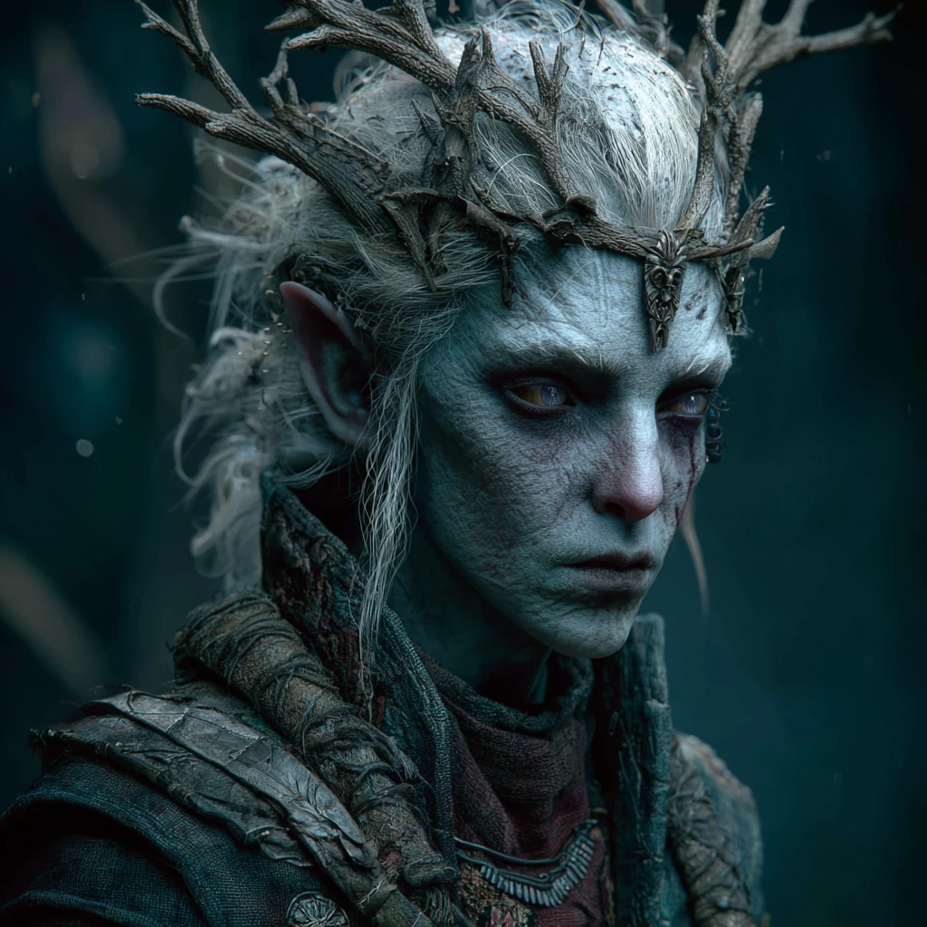 Druidesse elfe corrompue à la peau cendrée et aux yeux pâles