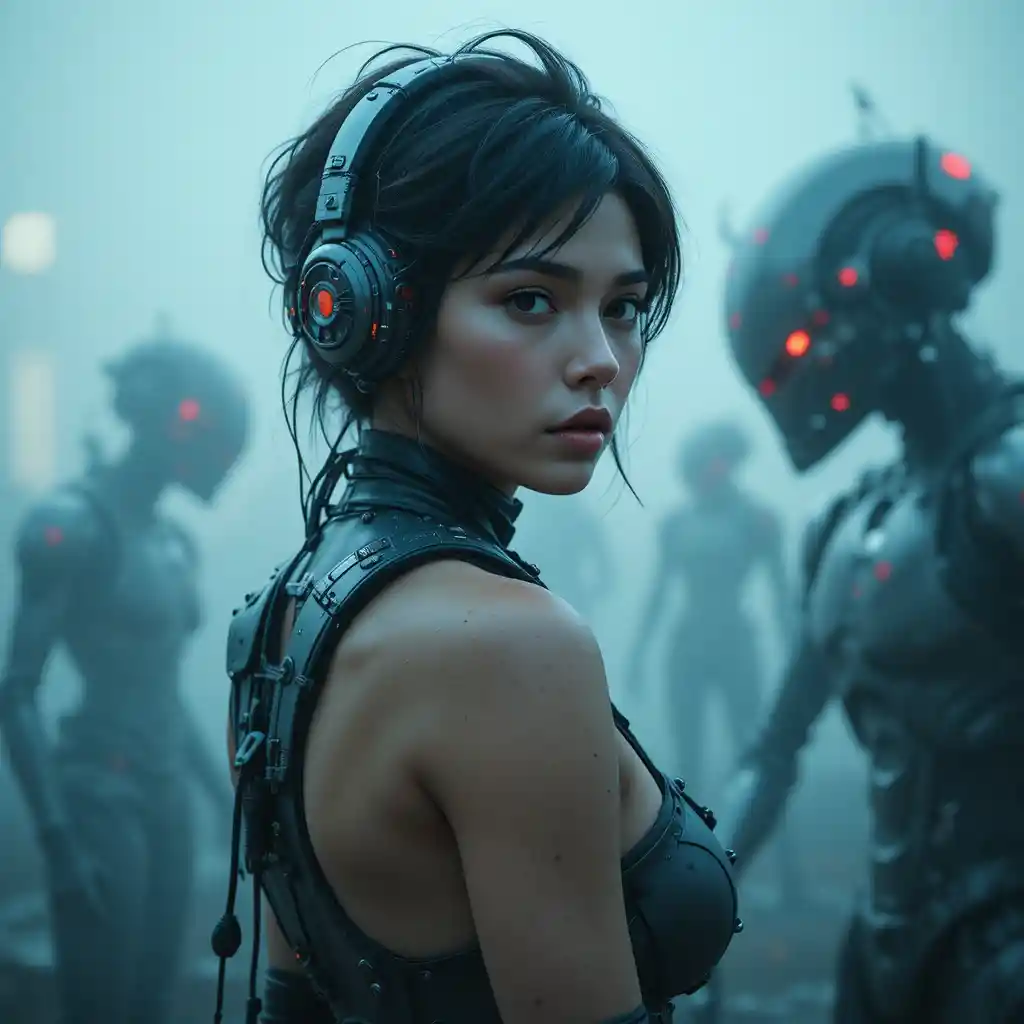 Cinematic portrait of a cybernetic woman in industrial fog