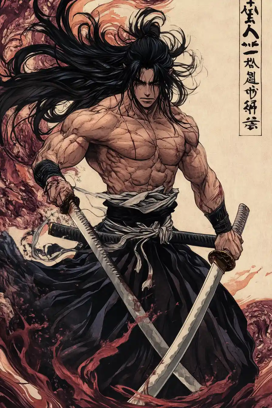 Guerriero samurai anime in primo piano con sfondo astratto in fiamme