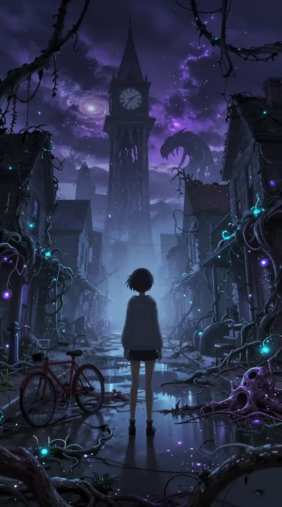 Ragazza anime sola in una surreale strada cittadina in rovina