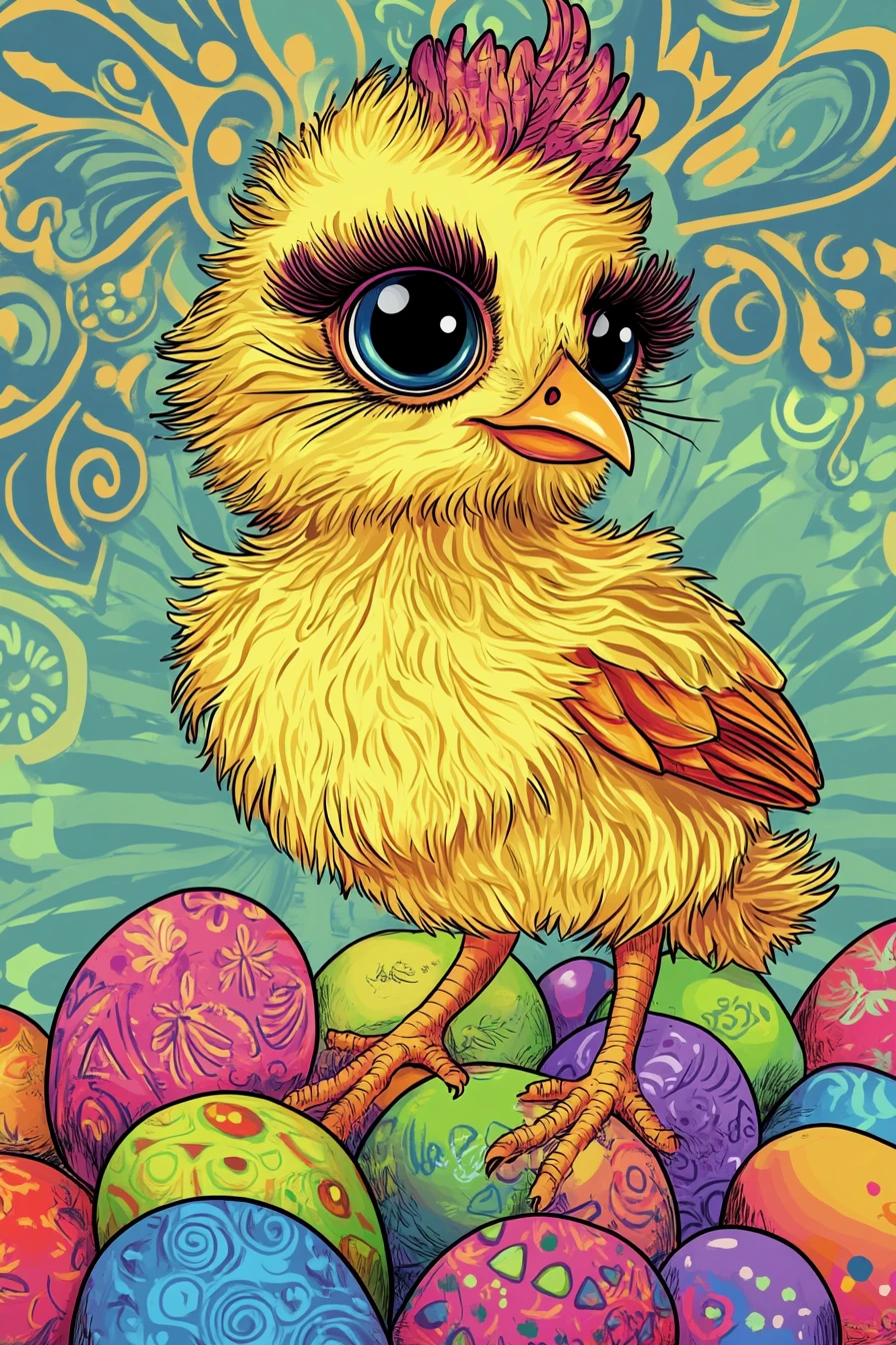 Tiny chick diva posing on colorful Easter eggs