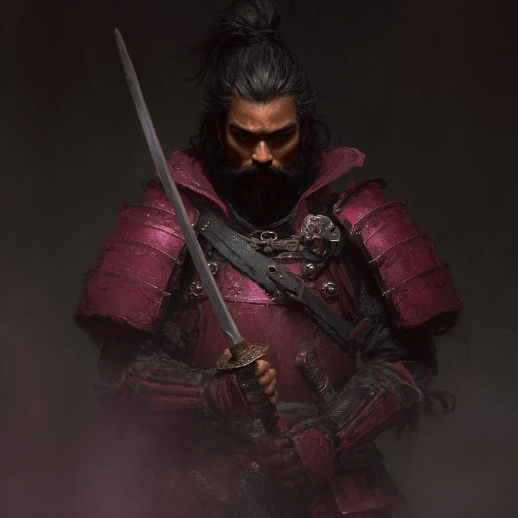 Dunkler Fantasy-Samurai mit schwarzem Haar und mystischer Katana