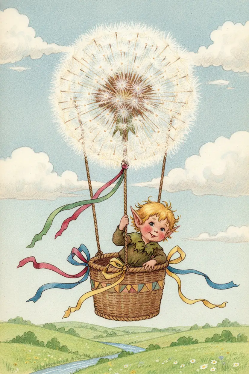 Elf child floating in a dandelion balloon over clouds
