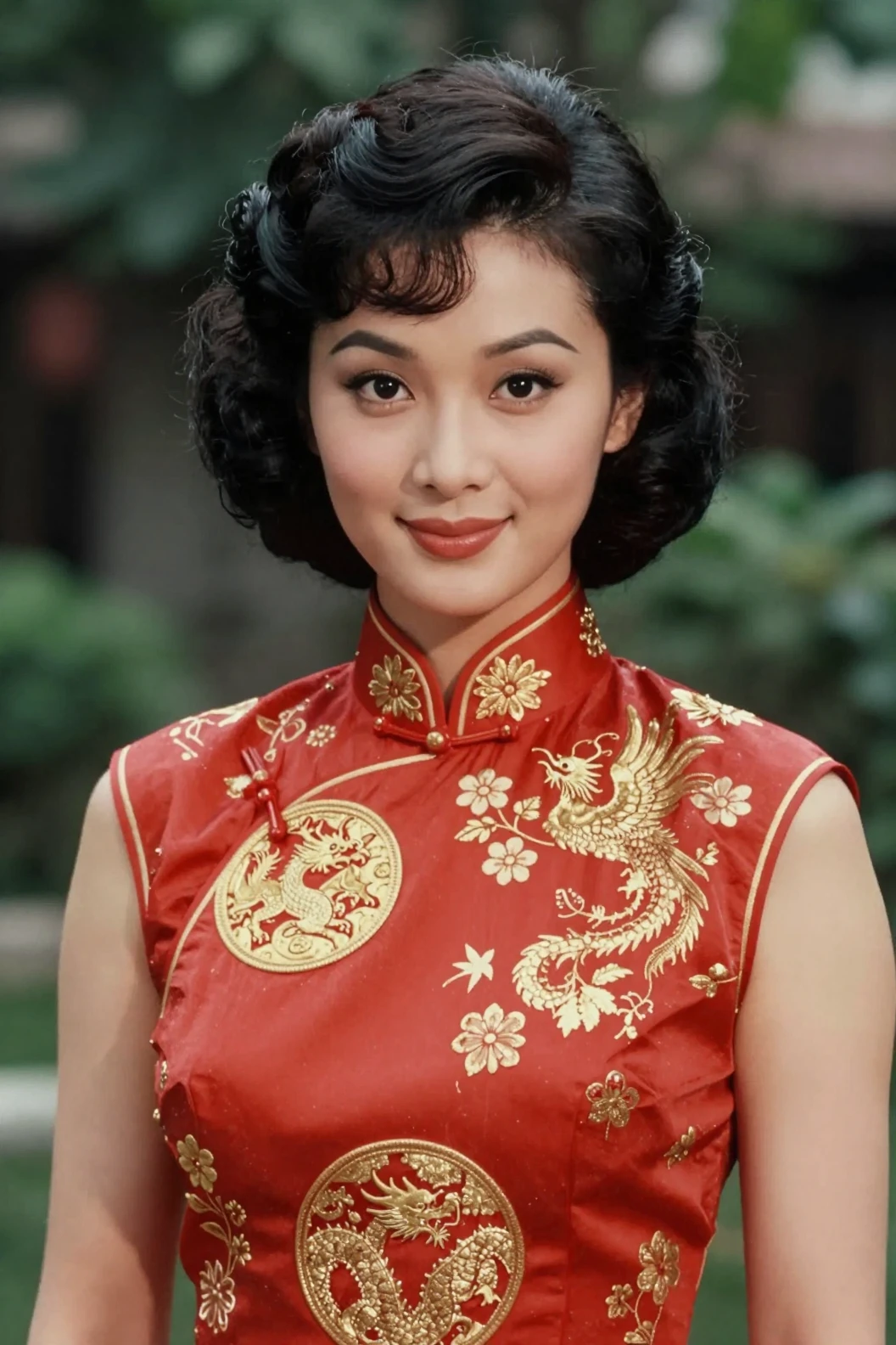 Vintage portrait of a young woman in red embroidered qipao