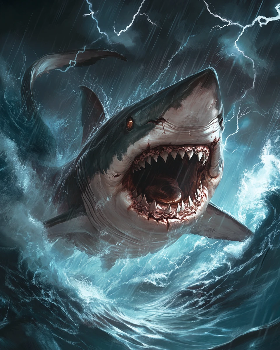 Colossal léviathan requin dans un océan orageux frappé par la foudre