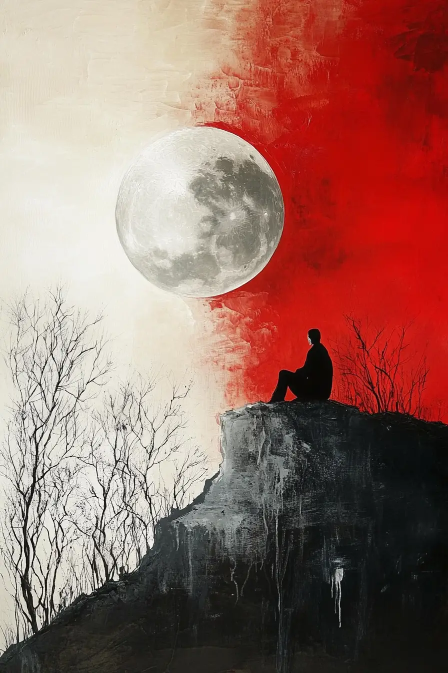 Lonely figure talking to the distant moon at night