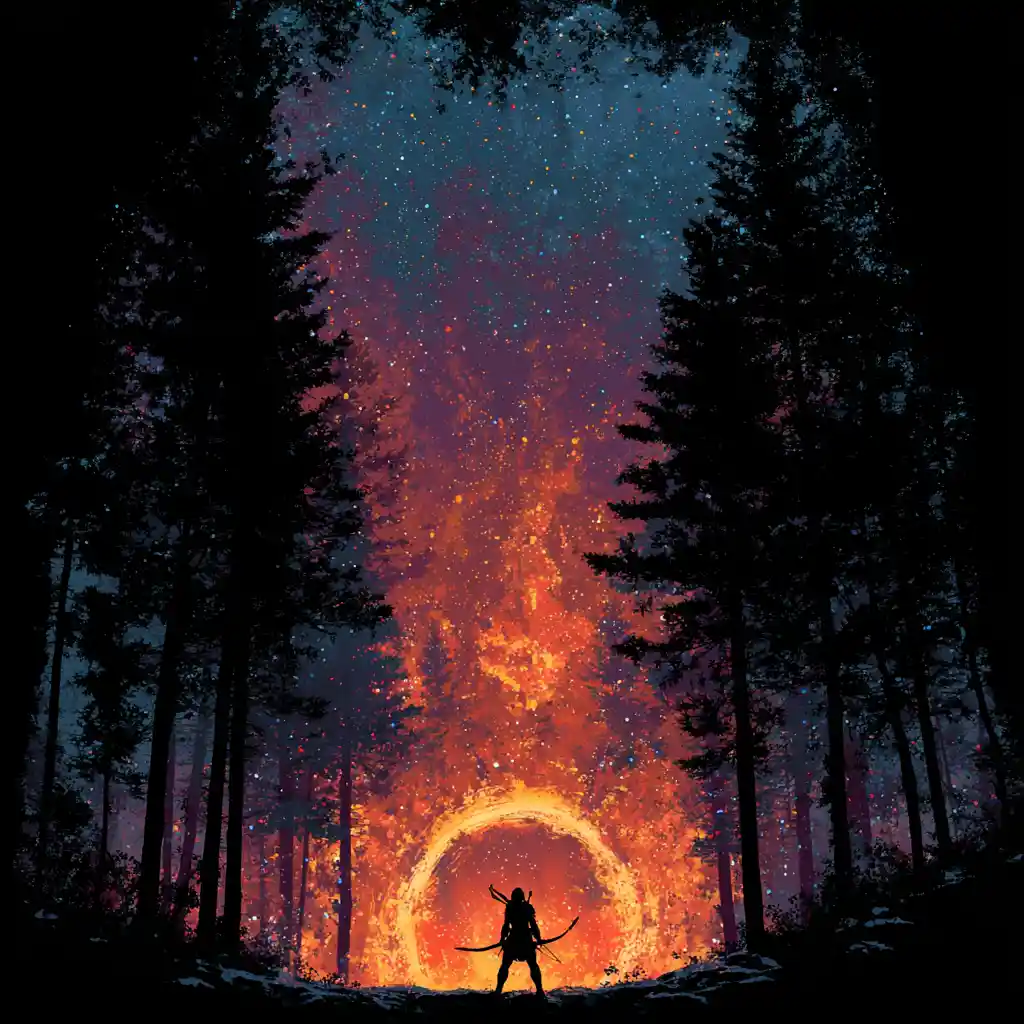 Armored archer before a fiery portal in dark forest