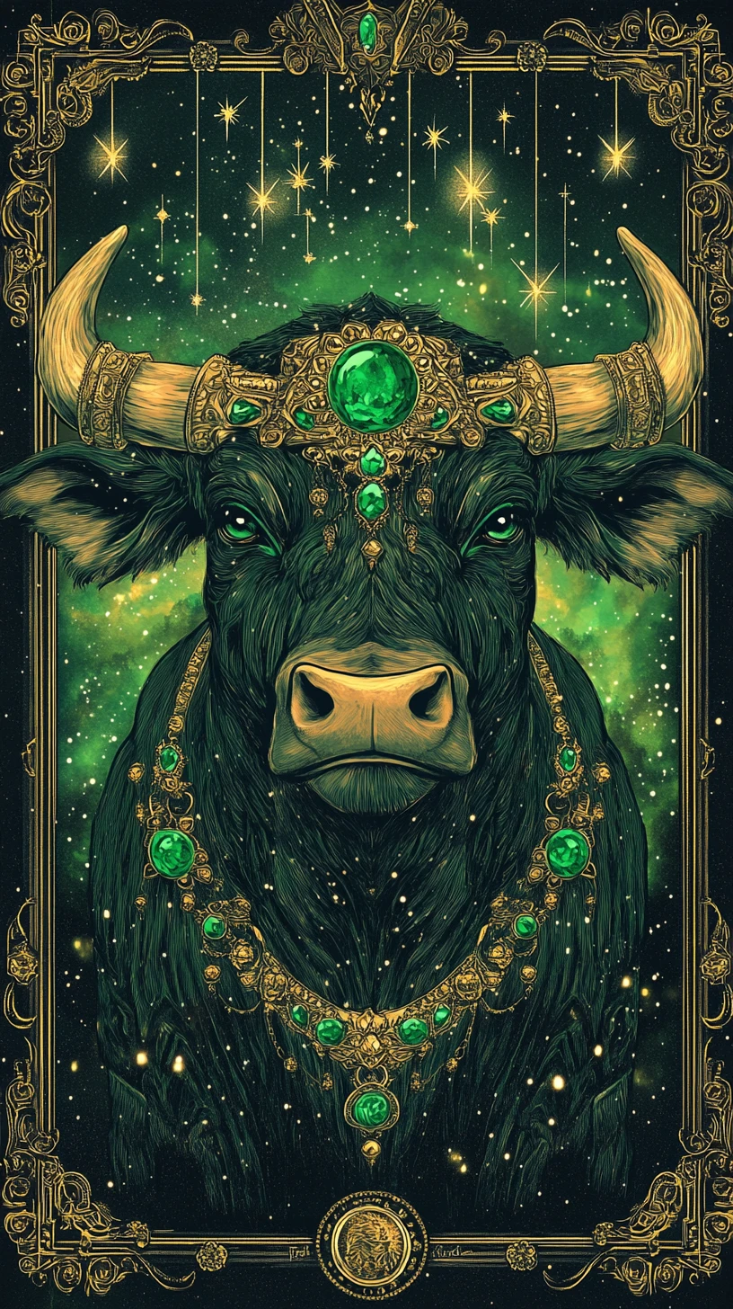 Anthropomorphic bull diva in emerald jewelry among stars