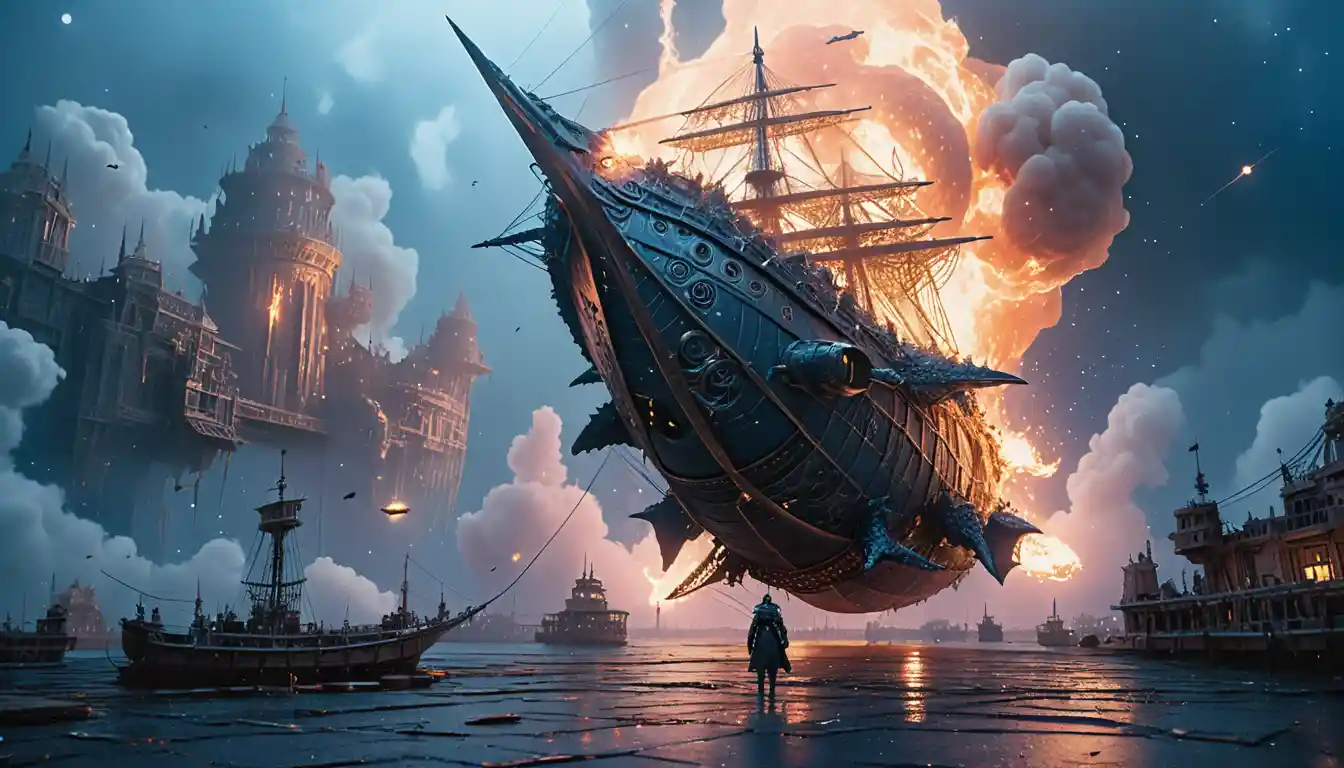 Warforged druid bracing on airship dock amid explosion