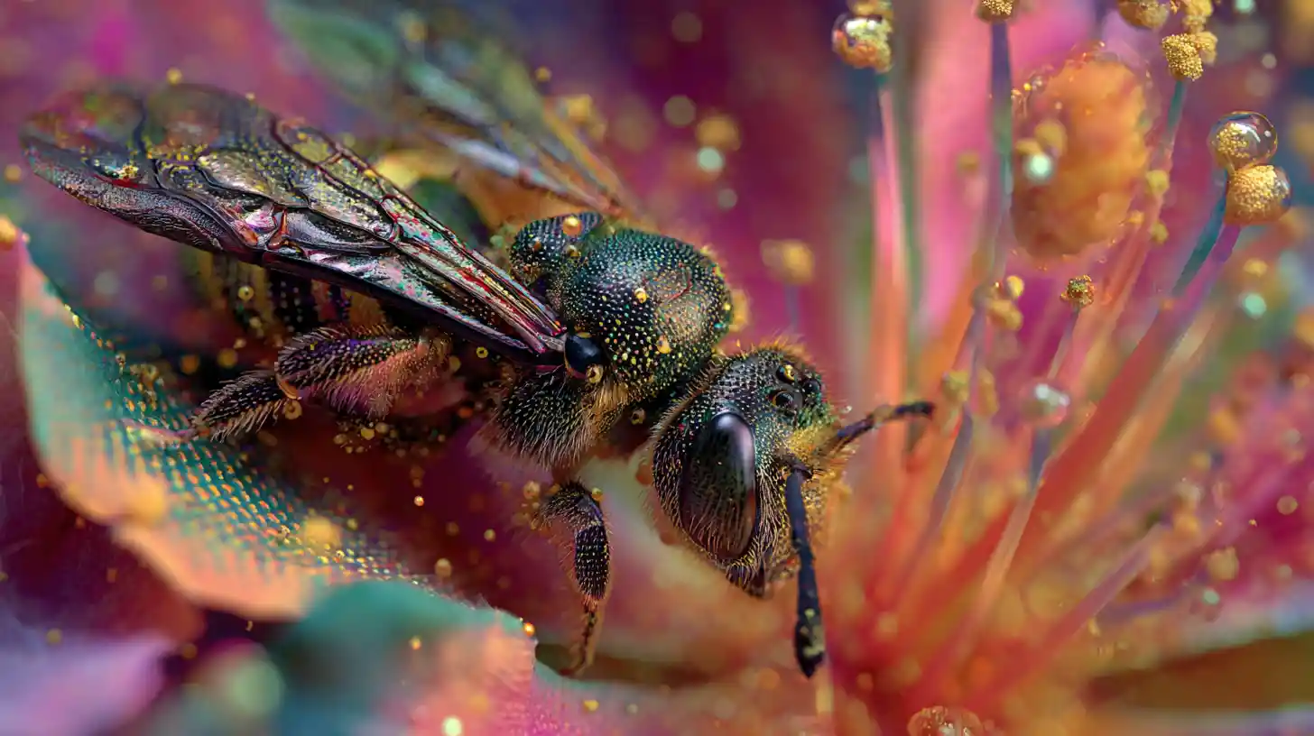 Macro bee on exotic flower stamen with vivid textures