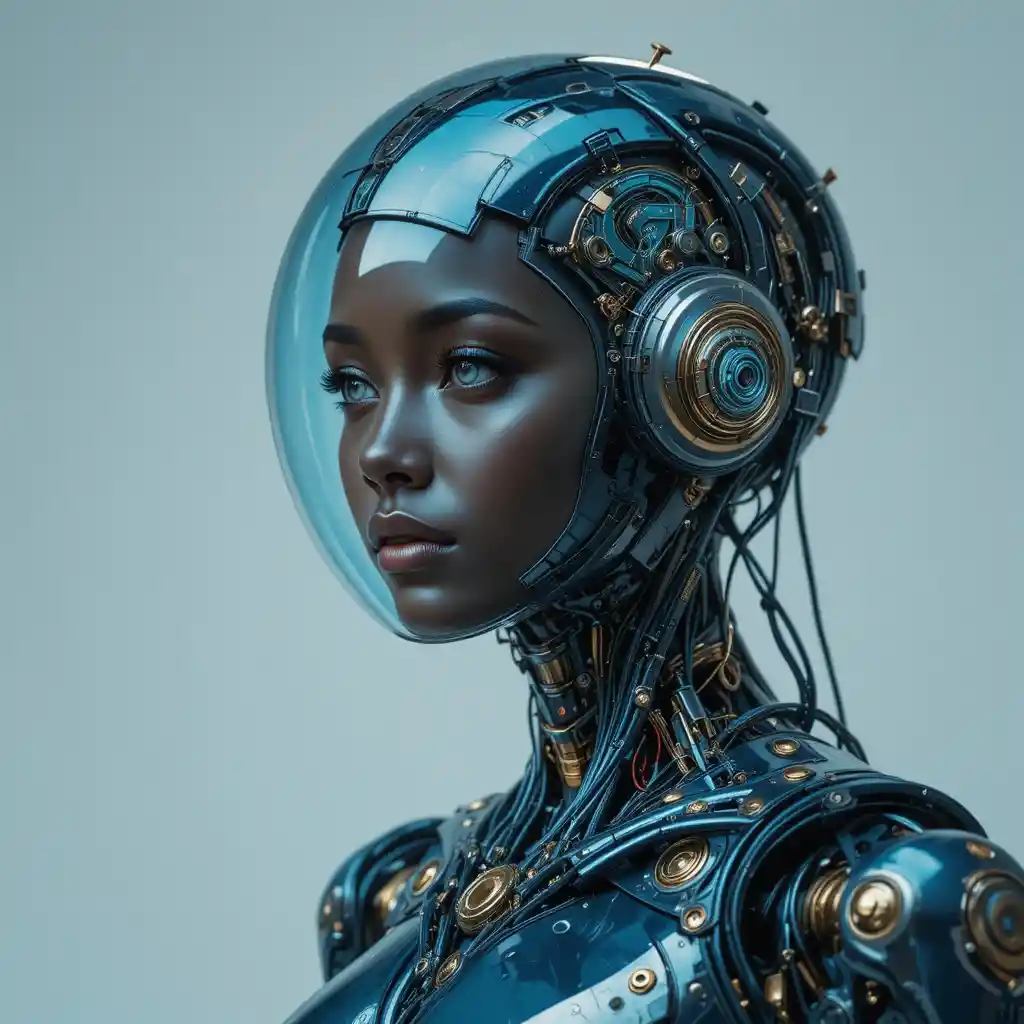 Futuristic female android portrait in a transparent blue helmet