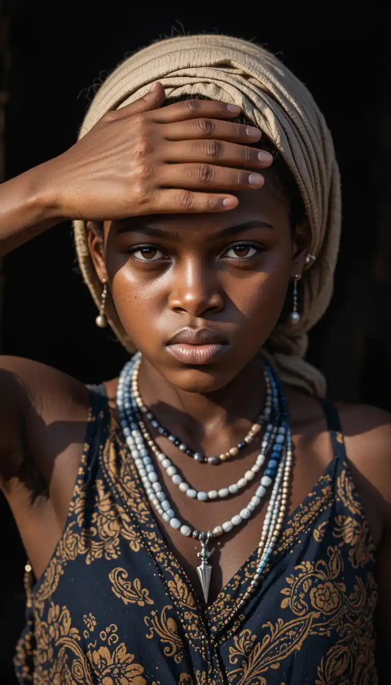 Junges afrikanisches Mädchen, das ihre Augen vor greller Sonne schützt